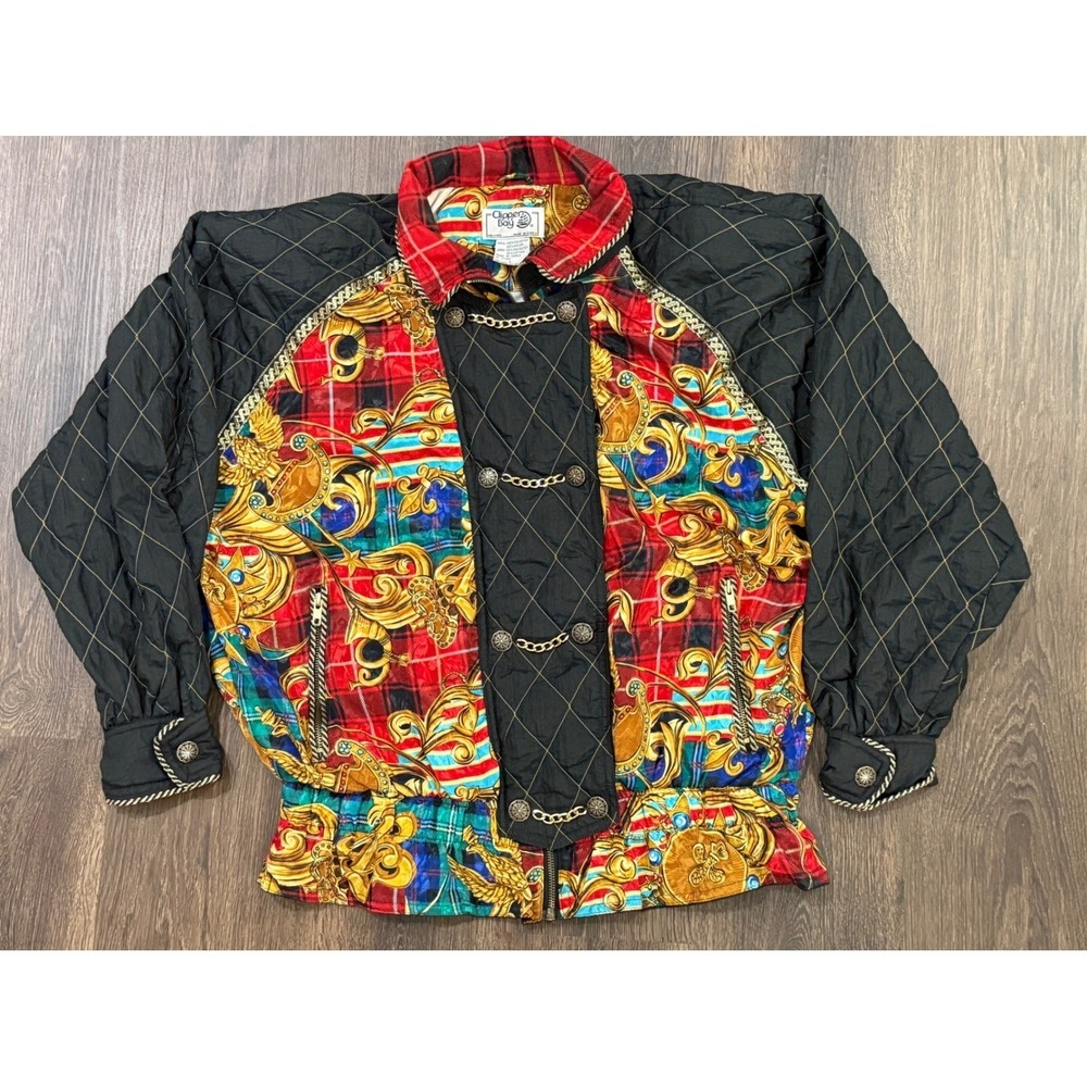 Vintage Clipper Bay Womens L Baroque Plaid Bomber Jacket Made In Korea